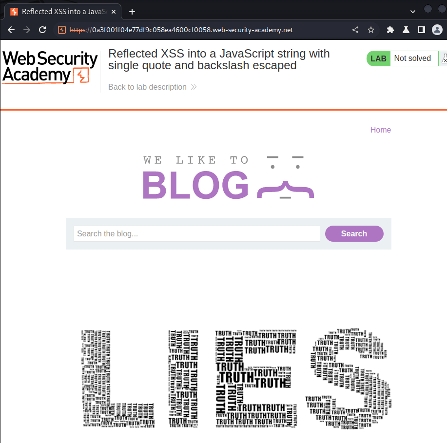 Reflected XSS into a JavaScript string with single quote and backslash
